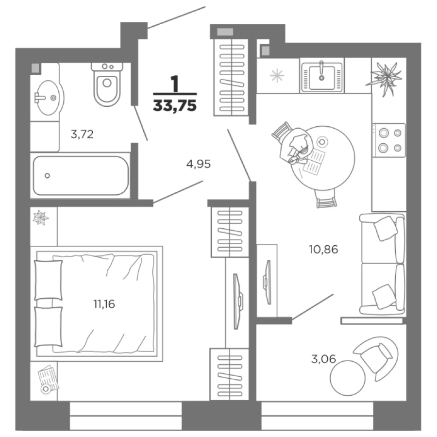 Уютная 1-комнатная квартира на 2 этаже ЖК Нобель площадью 33,75 м2 с просторной планировкой